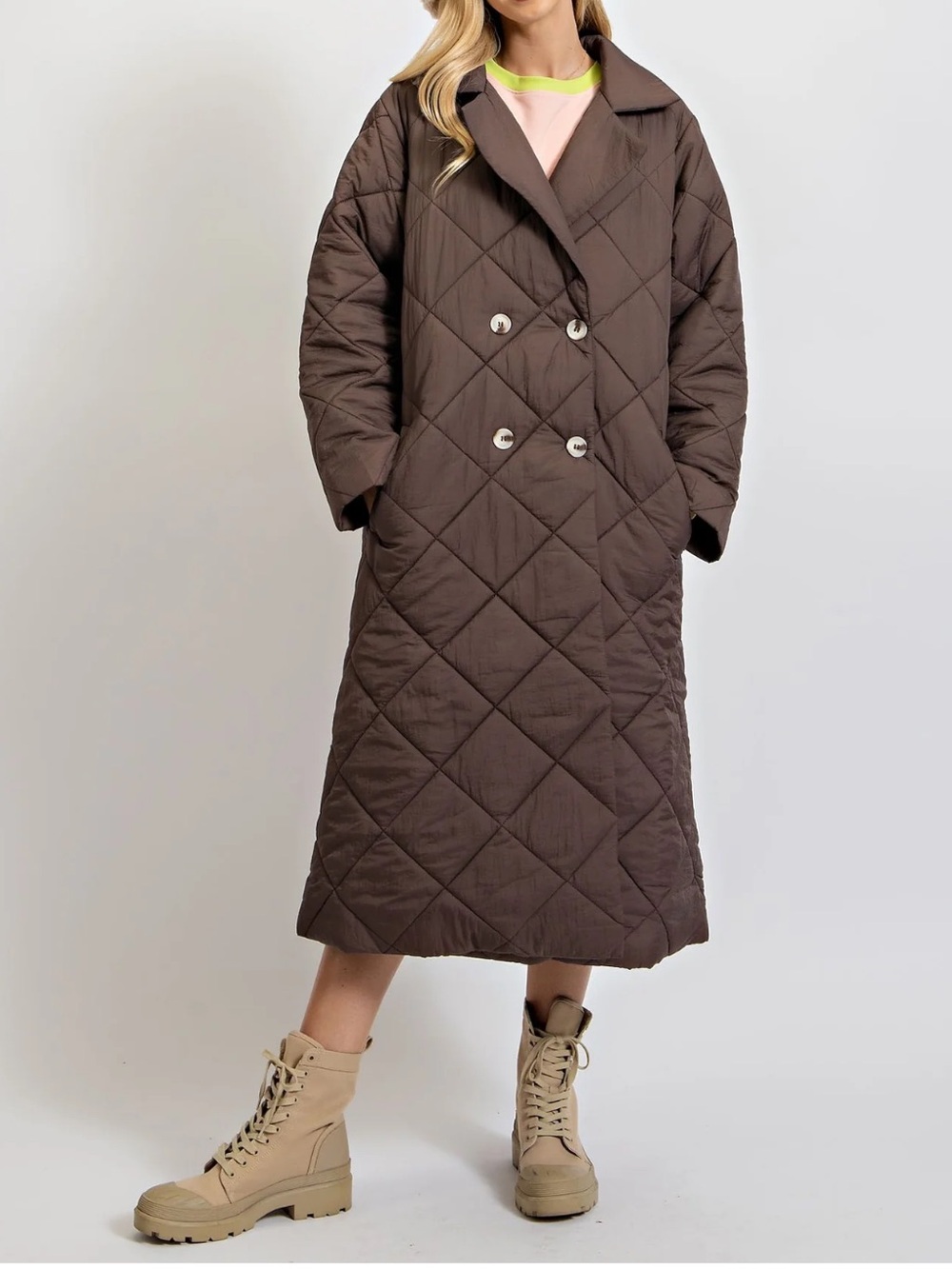 Easel Chocolate Brown Quilted Long Coat Double Breasted Oversized Jacket